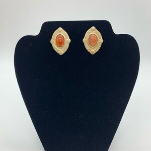 Signed PISCES  Red Jasper Pierced Earrings Embossed Detailed Pattern Bronze Tone